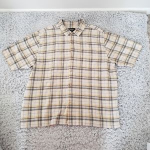 Eddie Bauer Mens Linen Blend‎ Shirt XTRA LARGE Button Up Short Sleeve Plaid